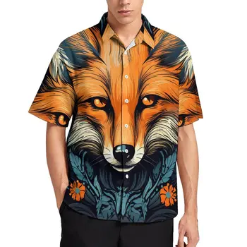 Риза Fox Vacation, илюстрация в ретро стил, Летни ежедневни ризи, Мъжки блузи Harajuku, Дрехи с къс ръкав и принтом, Големи размери