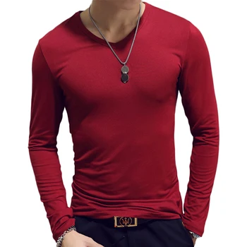B8919 Мъжка тениска с кръгло деколте и дълъг ръкав, обикновена тениска от млечен коприна, мъжки дрехи, гъвкав Тънък топ