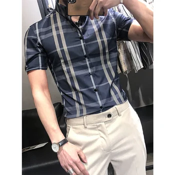 Мъжка риза в клетка с къси ръкави на райета, модерен брендовый бизнес случайни мъжки топ в ретро стил, лятна оборудвана ревера