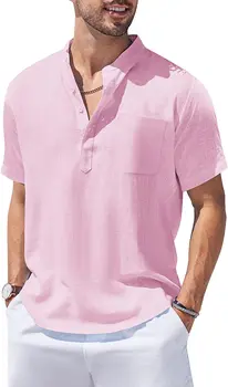 Мъжки памучен бельо риза Хенли с къс ръкав, ежедневни, плажни ризи в стил хипи, с джоб