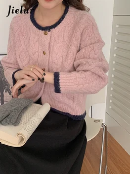 Jielur, корейски сладък ретро вязаный пуловер, жена с жилетка, есента однобортный женски жилетка с кръгло деколте и луксозни копчета, 2 цвята