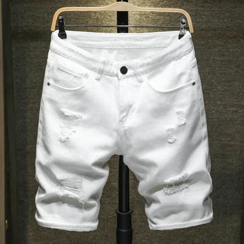 нови бели дънкови шорти, мъжки Скъсани издържат до коленете, класически прости Модни ежедневни тънки дънкови шорти, мъжки висококачествени