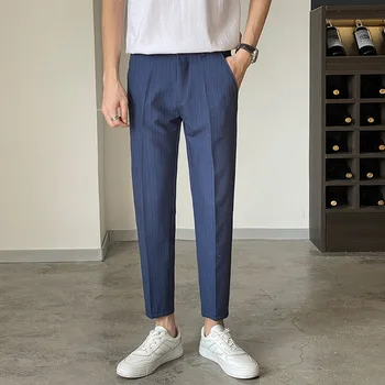 Мъжки Модел, панталони, Бизнес Ежедневни корейски модерен Класически панталони на райета, Преки официални панталони с дължина до глезена за мъже
