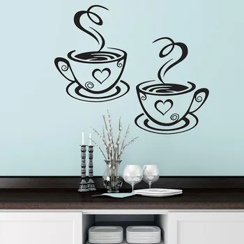 Нови двойни Чаши за Кафе, Стикер На стената, Винилови стикери за стена, Самозалепващи етикети, Интериор за Кухня MUMR999