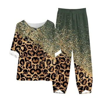 Дамски Блузи и панталони с леопардовым принтом и ръкави Пет Четвърти, Пролетно-летния Свободен Костюм-двойка, 9 цвята