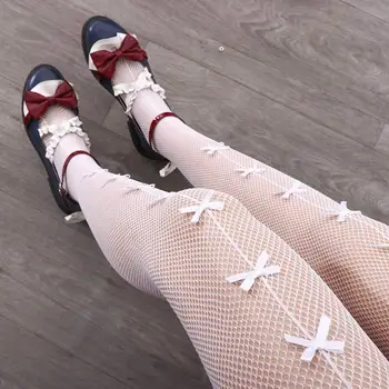 Секси дамски Безшевни чорапи носочные изделия в рибарска мрежа с дупки, копринени дантелени Дамски чорапогащи, стегнати чорапи, бели чорапи с бантиком