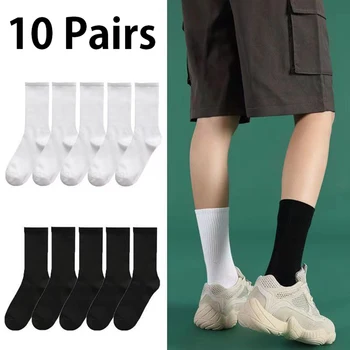 10 двойки/компл. Мъжки Памучни чорапи, Класически Черни, бели, абсорбиращи потта Бизнес Ежедневни чорапи със средна дължина, обикновена меки спортни чорапи