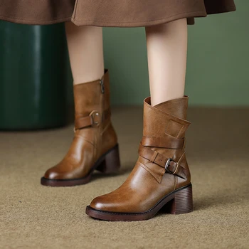 2023 Есенно-зимни Дамски обувки, Къси дамски обувки от естествена кожа; Ботильоны джоб с кръгла пръсти, за да не сужающемся надолу масивна обувки; Дамски обувки на платформа и ток