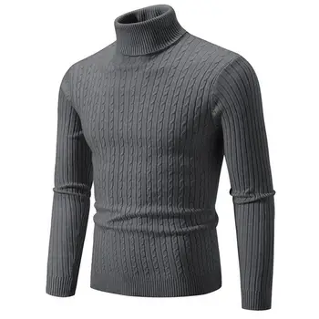 Мъжки моден вязаный пуловер, обикновен мъжки пуловер с дълъг ръкав и висока воротом, на база пуловер, поло, зимни дрехи
